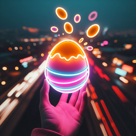 a neon Easter egg being held or tossed in the airの素材