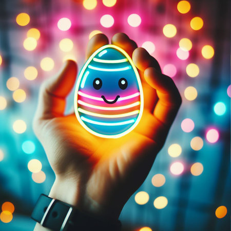 a neon Easter egg being held or tossed in the airの素材