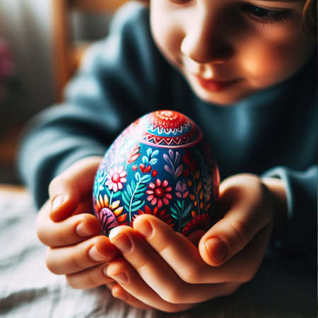 child's hand holding the neon Easter eggの素材