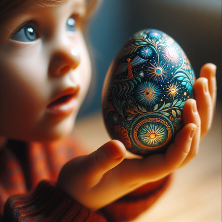 child's hand holding the neon Easter eggの素材