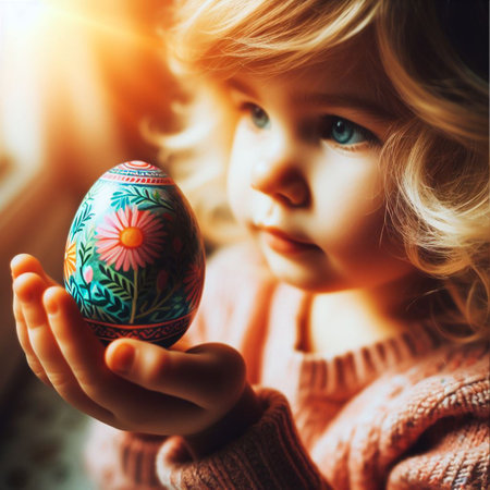 child's hand holding the neon Easter eggの素材