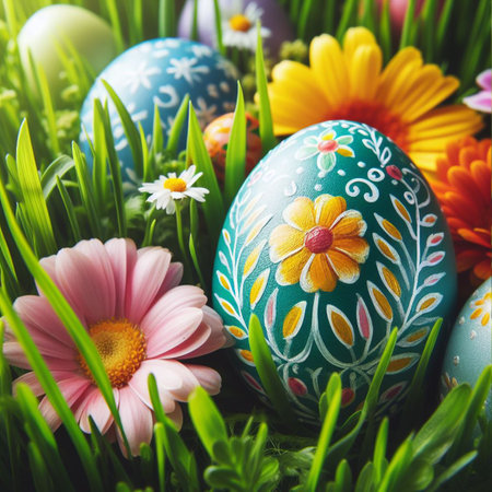 a painted Easter egg nestled in a bed of fresh green grass or colorful spring flowersの素材