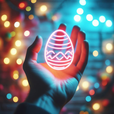 a neon Easter egg being held or tossed in the airの素材