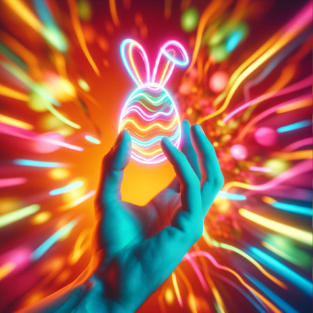 a neon Easter egg being held or tossed in the airの素材