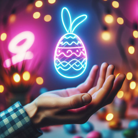 a neon Easter egg being held or tossed in the airの素材