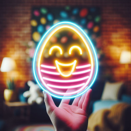 a neon Easter egg being held or tossed in the airの素材