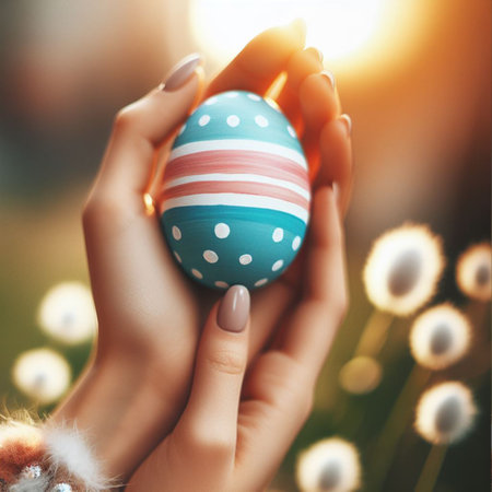 an Easter egg being held or tossed in the airの素材