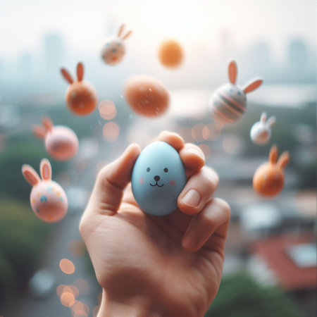 an Easter egg being held or tossed in the airの素材