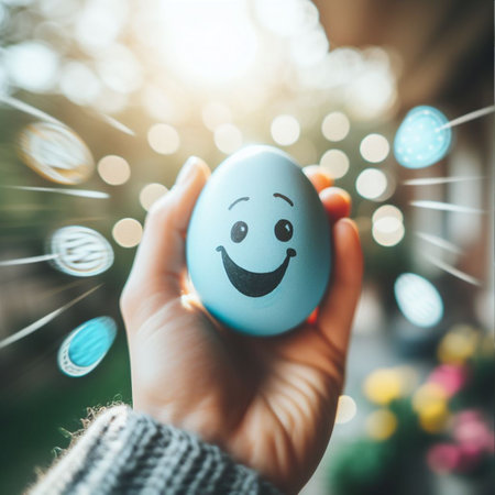 an Easter egg being held or tossed in the airの素材