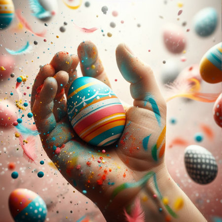 an Easter egg being held or tossed in the airの素材