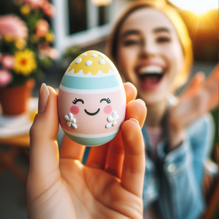 an Easter egg being held or tossed in the airの素材