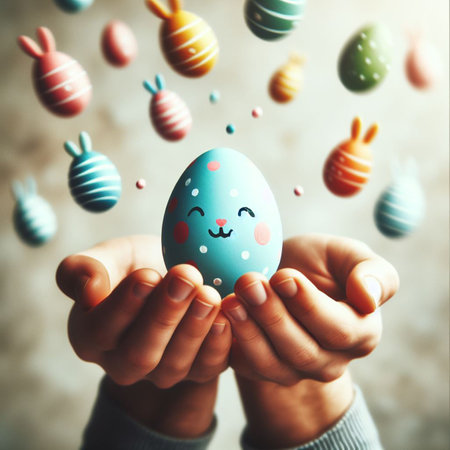 an Easter egg being held or tossed in the airの素材