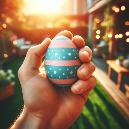 an Easter egg being held or tossed in the airの素材