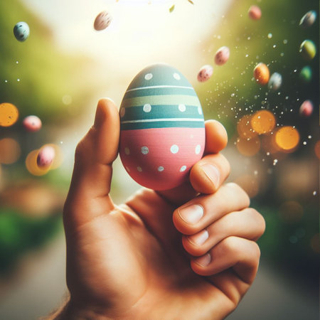 an Easter egg being held or tossed in the airの素材