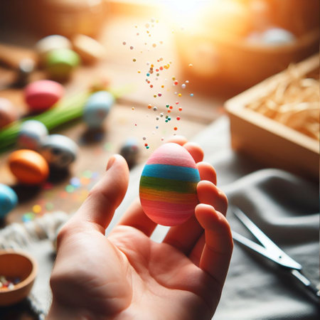 an Easter egg being held or tossed in the airの素材