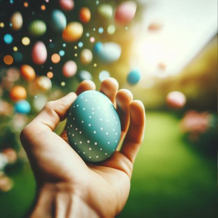 an Easter egg being held or tossed in the airの素材