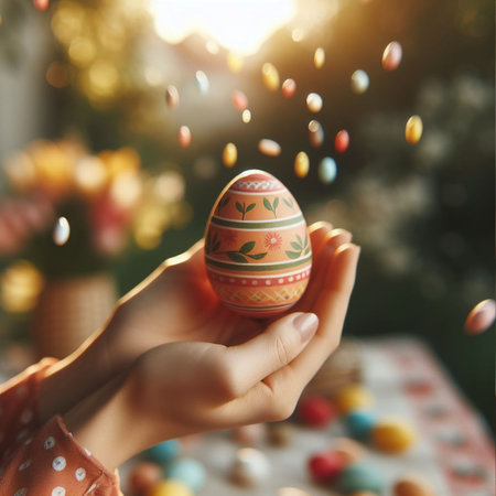 an Easter egg being held or tossed in the airの素材