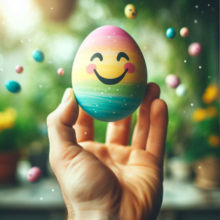 an Easter egg being held or tossed in the airの素材