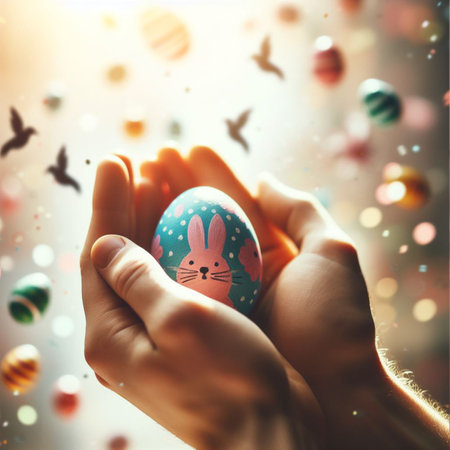 an Easter egg being held or tossed in the airの素材