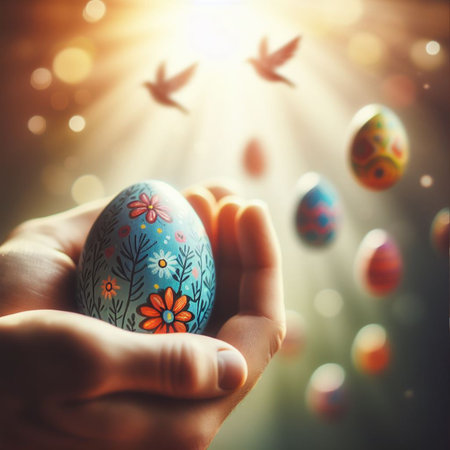 an Easter egg being held or tossed in the airの素材