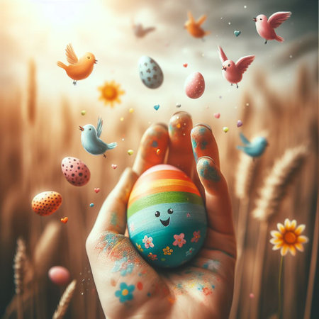 an Easter egg being held or tossed in the airの素材