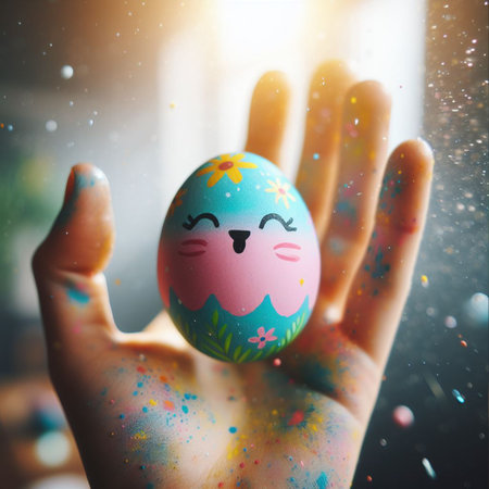 an Easter egg being held or tossed in the airの素材