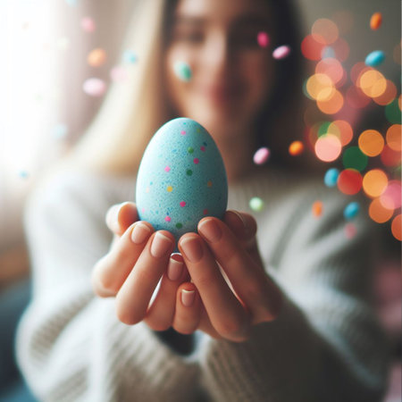 an Easter egg being held or tossed in the airの素材