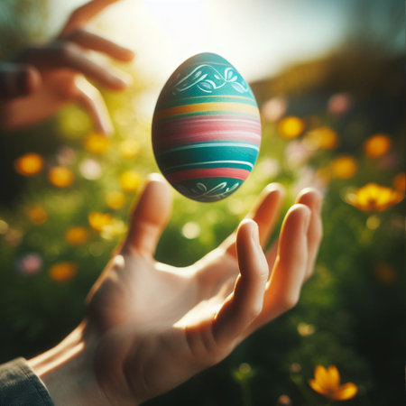an Easter egg being held or tossed in the airの素材