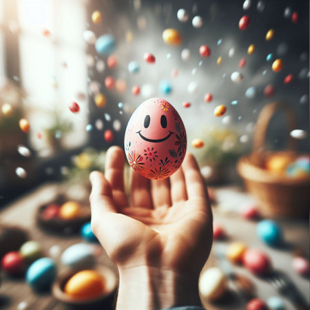 an Easter egg being held or tossed in the airの素材
