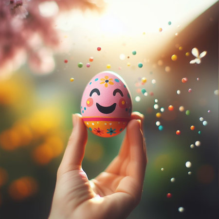 an Easter egg being held or tossed in the airの素材