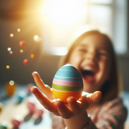 an Easter egg being held or tossed in the airの素材