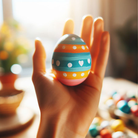 an Easter egg being held or tossed in the airの素材