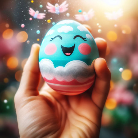 an Easter egg being held or tossed in the airの素材