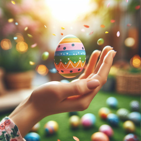 an Easter egg being held or tossed in the airの素材