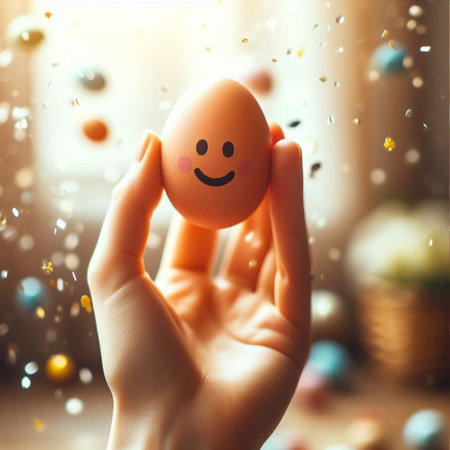 an Easter egg being held or tossed in the airの素材