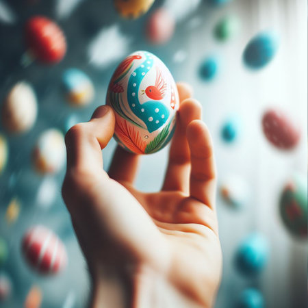 an Easter egg being held or tossed in the airの素材