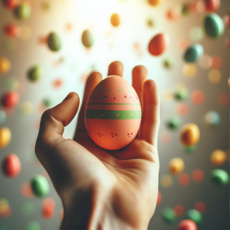 an Easter egg being held or tossed in the airの素材