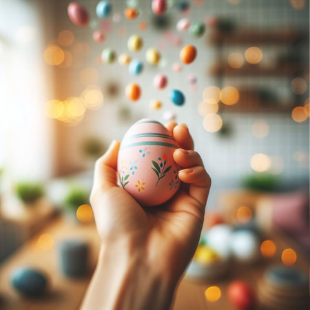 an Easter egg being held or tossed in the airの素材