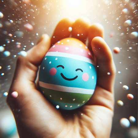 an Easter egg being held or tossed in the airの素材