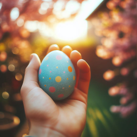 an Easter egg being held or tossed in the airの素材