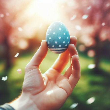an Easter egg being held or tossed in the airの素材