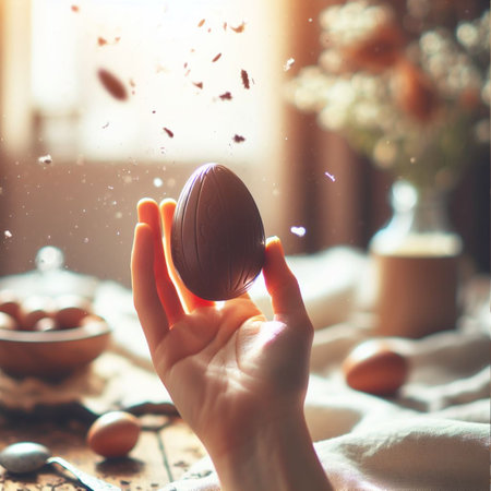 a chocolate Easter egg being held or tossed in the airの素材