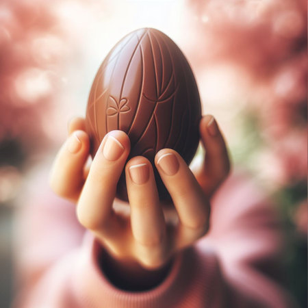 a chocolate Easter egg being held or tossed in the airの素材