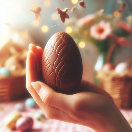a chocolate Easter egg being held or tossed in the airの素材