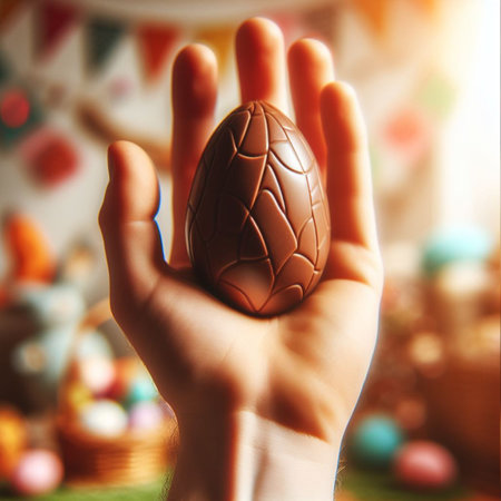 a chocolate Easter egg being held or tossed in the airの素材