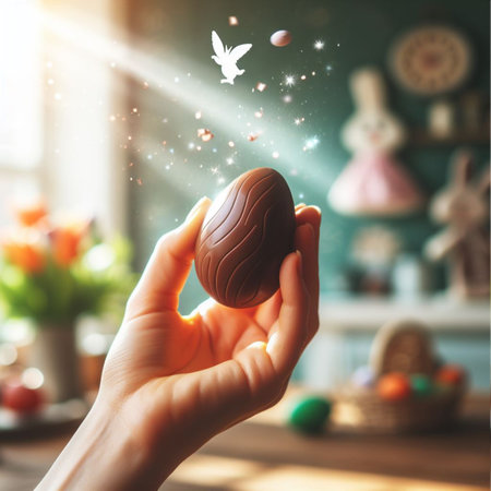 a chocolate Easter egg being held or tossed in the airの素材