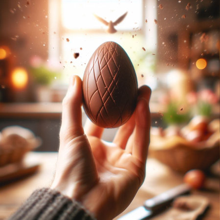 a chocolate Easter egg being held or tossed in the airの素材