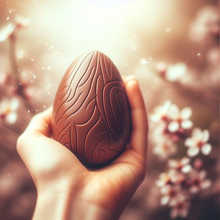 a chocolate Easter egg being held or tossed in the airの素材