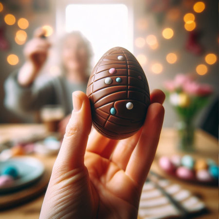 a chocolate Easter egg being held or tossed in the airの素材