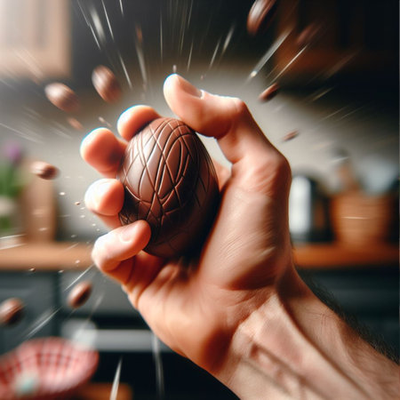 a chocolate Easter egg being held or tossed in the airの素材